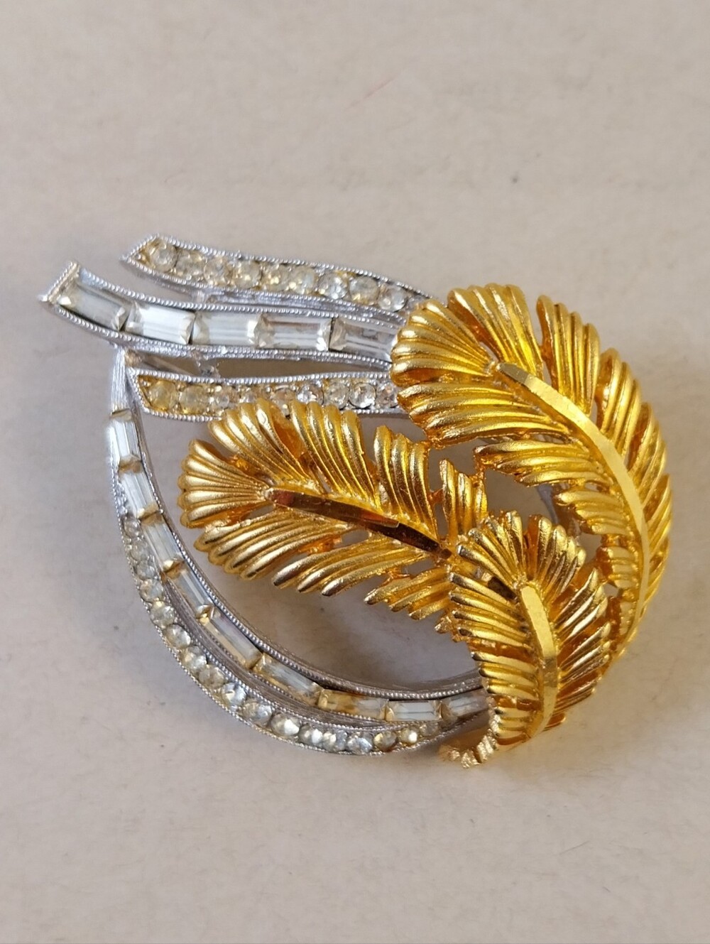 Coro Gold and Silver Leaf Brooch with Clear Rhinestones